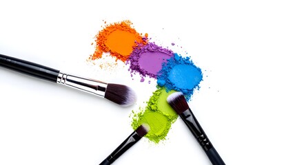 Vibrant Makeup Powders and Brushes on White Background