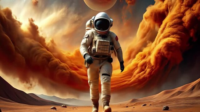 An astronaut in a white spacesuit walks across a red, sandy, alien planet. The sky above is filled with swirling orange clouds as a dust storm approaches