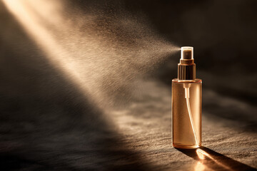 Fototapeta premium Luxury Setting Spray Bottle Spraying Mist in Golden Light, Elegant Skincare Packaging on Dark Slate Surface