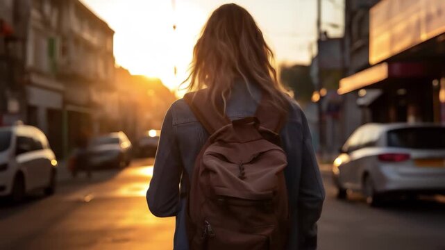 A group of young students heads to college as the sun sets their backpacks bouncing lightly against their backs while walking along a bustling street