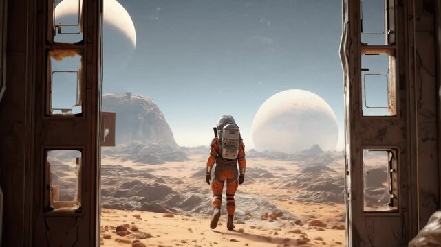 An astronaut stands before a portal gate gazing out at an alien landscape with distant planets rocks and a clear sky filled with stars