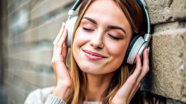 A young woman with long brown hair smiles with her eyes closed as she listens to music with headphones against a brick wall