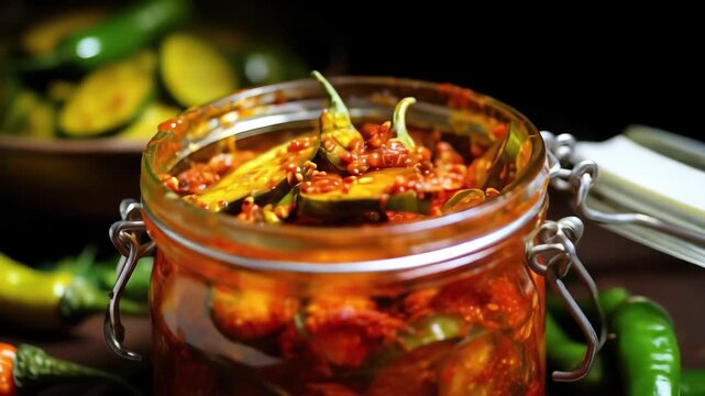 A vibrant jar of homemade spicy mango pickle sits on a wooden surface surrounded by fresh green chilies and spices showcasing traditional culinary art