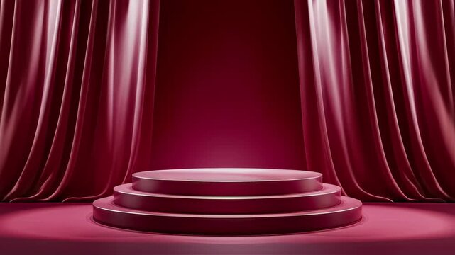 A stage podium illuminated by bright spotlights surrounded by lush red curtains ready for upcoming performances or events in an elegant setting