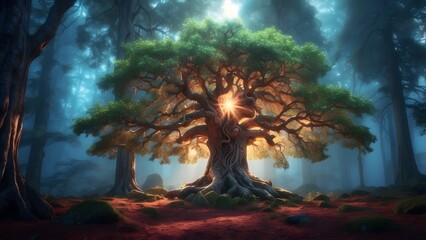 A glowing magical tree in the heart of an ancient forest, fantasy and mythology desktop wallpaper backdrop, cinematic HDR vibrant theme colors, promo movie sales poster banner book cover background
