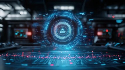 A glowing digital interface with a blue circular hologram and futuristic data displays dominates a high-tech control room. - Powered by Adobe