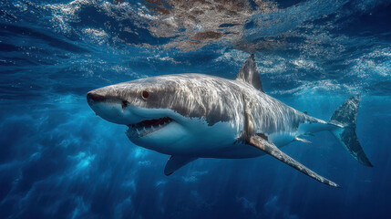 Naklejka premium Great White Shark Underwater in Blue Ocean