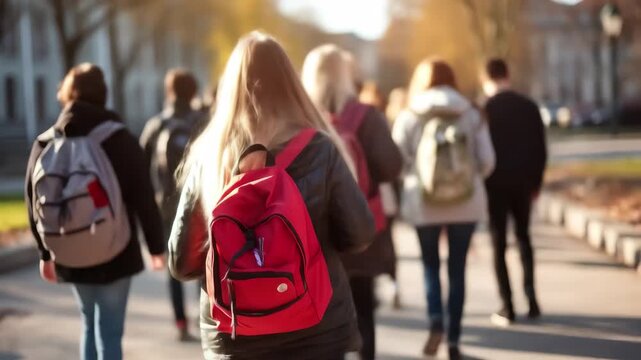 Groups of students stroll along a sunny path enjoying a pleasant afternoon while carrying backpacks and engaging in conversation with each other