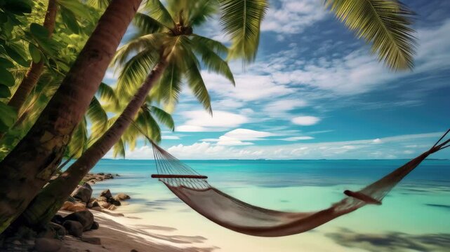 A peaceful hammock sways gently between palm trees on a tropical beach with soft sand inviting a moment of relaxation by the tranquil sea