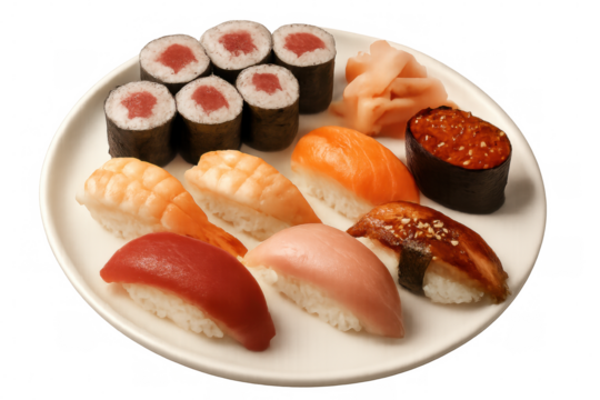 Colorful sushi platter displaying assorted nigiri and maki rolls, arranged neatly on pristine white ceramic plate with clean backdrop - Powered by Adobe