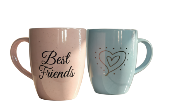 Two mugs one pink with best friends and one blue with a heart PNG  close up view