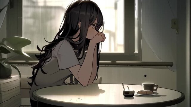 A young girl sits near the window her head resting in her hands as raindrops fall outside sipping coffee while a pastry rests nearby on the table
