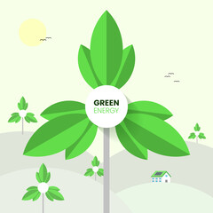 Green energy. Wind turbine tower with leaves