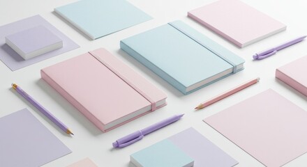 Pastel stationery assortment of notebooks, pens, paper, and sticky notes flat lay