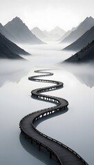 Serpentine Road Through Misty Mountain Landscape – Black and White Photography