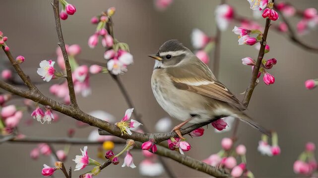 A delicate bird rests on a branch filled with lively pink blossoms embodying the beauty of spring in a picturesque fruit garden