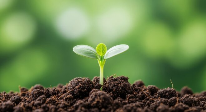 Young green seedling emerging from dark soil with blurred green background sprout plant