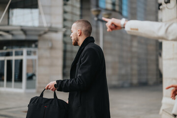 A professional individual in a stylish coat holding a bag outdoors, engaging in an interaction with...