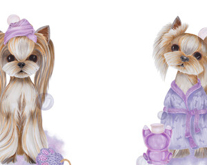 Watercolor Illustration of Two Dogs Small Dogs on Wooden Foam Bath Background . The dog on the right is dressed in a bathrobe, the dog on the left is in a bath turban, next to it there are towels, a w