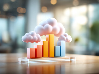 Cloud-based data analytics concept with colorful bar chart and clouds on a transparent platform