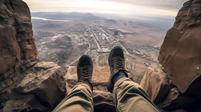 A traveler enjoys a moment of tranquility while seated on a rocky ledge gazing at the expansive view of the landscape bathed in soft evening light