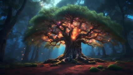 A glowing magical tree in the heart of an ancient forest, fantasy and mythology desktop wallpaper backdrop, cinematic HDR vibrant theme colors, promo movie sales poster banner book cover background