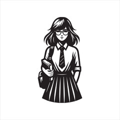 Monochrome Schoolgirl with Books and Tie Wearing Round Glasses.