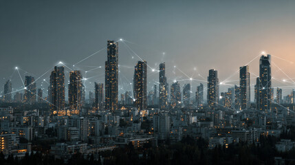 City skyline at dusk with digital data streams connecting buildings, symbolizing connectivity and technology. scene conveys futuristic and innovative urban environment