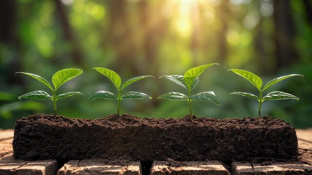 Three small green plant seedlings on dirt patch on wood plank table in vibrant sunny outdoor forest setting video footage.