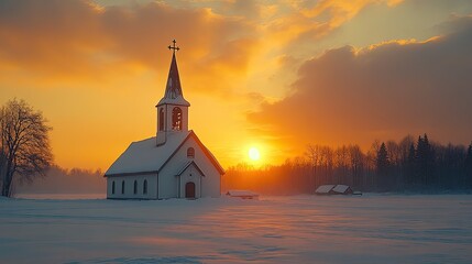 Fototapeta premium Rural Church in Winter Landscape at Sunset