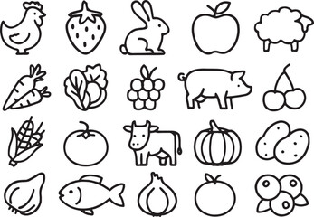 Farm animals and produce icons in black outline chicken