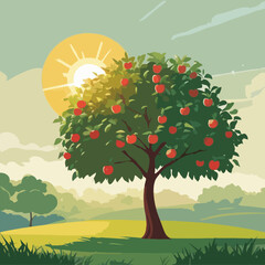 Fototapeta premium Apple tree with fruits on the background of summer landscape — vector illustration for use in ecological projects, farm products, packaging, children's books, educational materials 