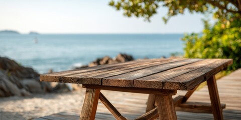 Wooden Table Beach Scene