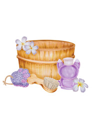 Watercolor illustration. Spa salon, bathhouse Bath with brush and towel. The towel is purple. There is a white towel in the bath. White background for cards, banners, invitations