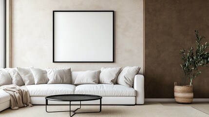 Modern living room interior design featuring a neutral color palette.