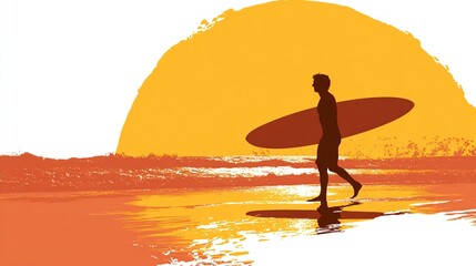 Silhouette of a person with surfboard walking on a beach at sunset with waves and sun in background