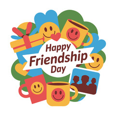 Happy friendship day celebration with mugs gifts and photos vector