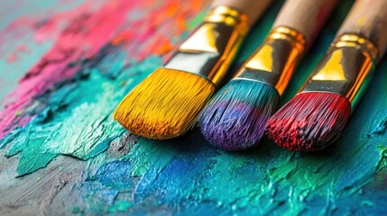 Fototapeta premium Close-up view of artist brushes dipped in vibrant colors on a textured oil paint palette, showcasing tools and materials used in creative expression and art.