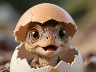Adorable baby dinosaur hatching from an egg with big curious eyes and a joyful expression. A perfect blend of cuteness, fantasy, and prehistoric imagination, ideal for children’s media