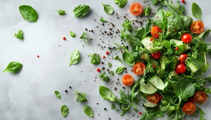 Delicious Vegan Green Salad With Fresh Leafy Greens And Veggies, Presented From Above On A Stylish Gray Stone Table.