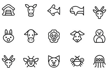 Fototapeta premium Collection of Whimsical Animal and Insect Icons Depicting a Variety of Creatures in a Simple Line Art Style