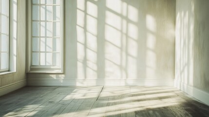 A bright and airy room showcasing sunlight casting soft shadows across the walls. This minimalist space invites tranquility and relaxation for various design possibilities.