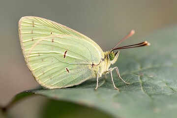 A delicate green butterfly resting on a leaf with detailed wings.