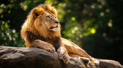 Obraz premium A majestic lion rests gracefully on a stone, basking in dappled sunlight. Its rich fur glistens softly amid the surrounding greenery, evoking tranquility.