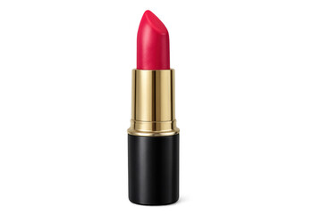 Red lipstick in golden and black container standing on transparent background, representing beauty products and cosmetics