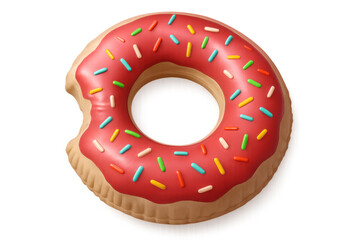 3d rendering of a bitten inflatable donut float with colorful sprinkles, isolated on a transparent background