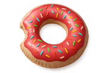 3d rendering of a bitten inflatable donut float with colorful sprinkles, isolated on a transparent background