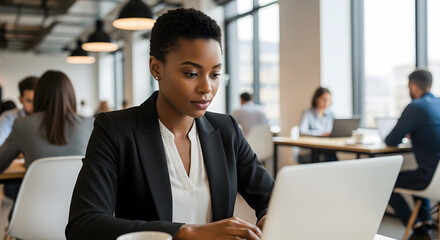 Confident businesswoman working on laptop in coworking space, stock photo