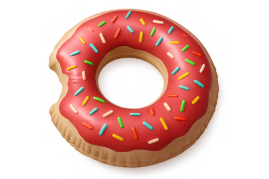 3d rendering of a bitten inflatable donut float with colorful sprinkles, isolated on a transparent background