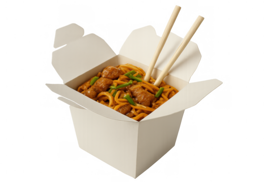 Steaming chicken noodles nestled in takeaway container, accompanied by chopsticks against minimalist backdrop